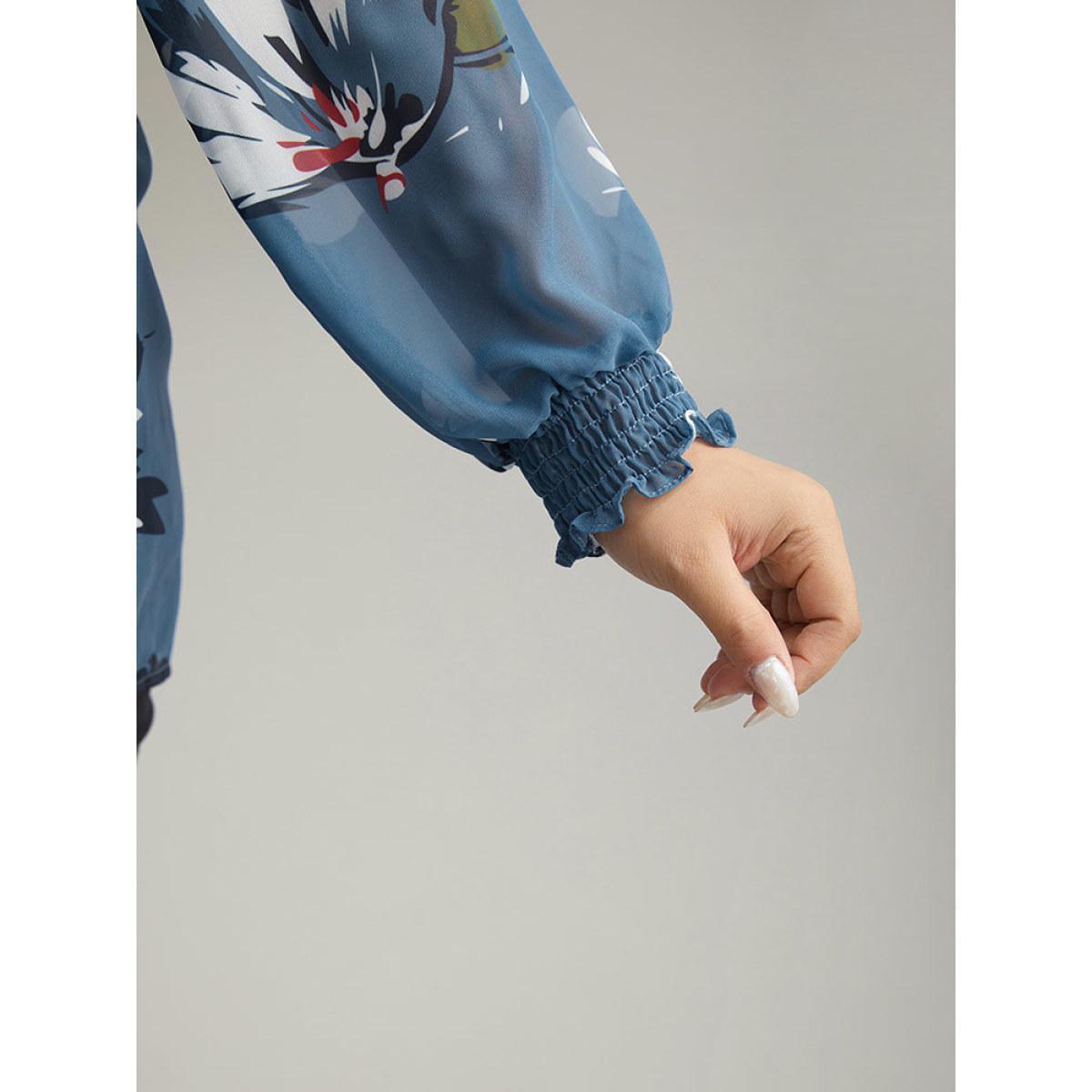 Plus Size Cerulean Floral Print Shirred Ruffles Mesh Blouse Women Elegant Long Sleeve V-neck Dailywear Blouses BloomChic 10/M Product Image