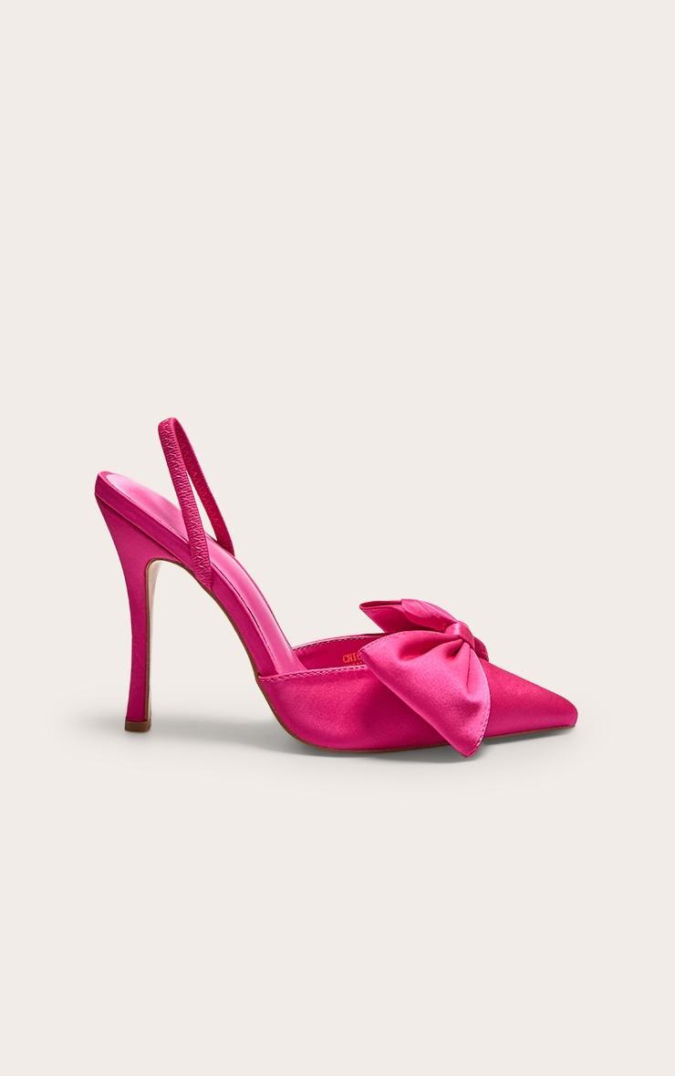 Pink Satin Point Toe Bow Detail Sling Back Heeled Courts Product Image