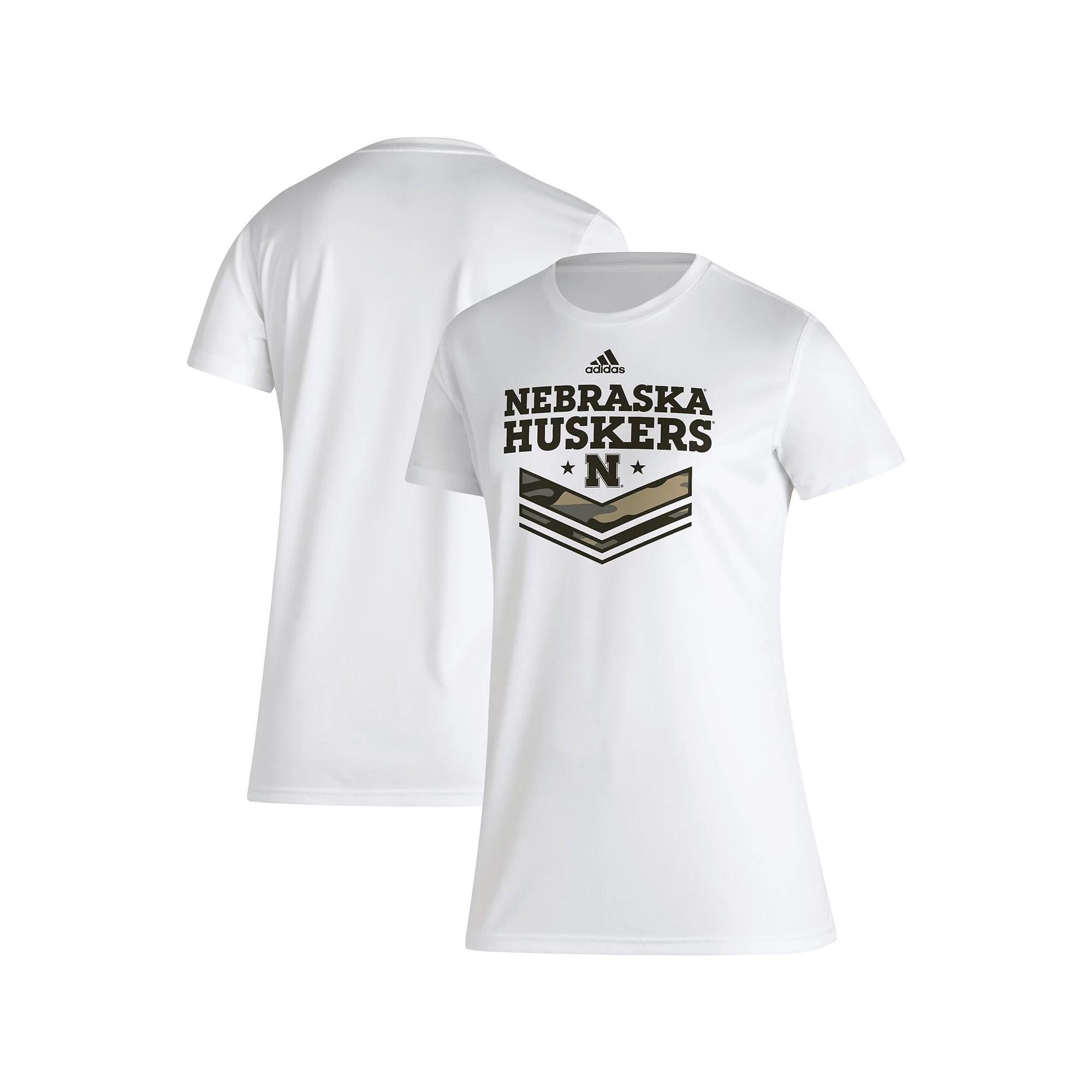 Women's adidas White Nebraska Huskers Military Appreciation AEROREADY T-Shirt, Size: Small Product Image