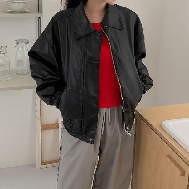 Collared Plain Zip faux Leather Jacket Product Image