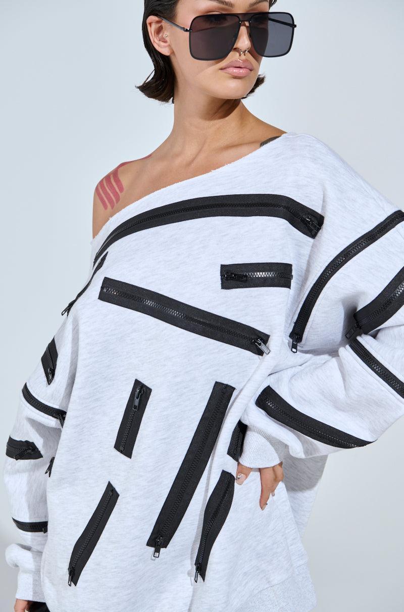 ZIP ZAP OFF THE SHOULDER SWEATSHIRT DRESS-GREY MULTI Product Image