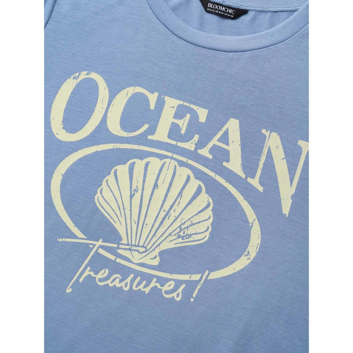 Plus Size Round Neck Sea Shells Print T-shirt Stone Women Resort Contrast Marine Round Neck Vacation T-shirts BloomChic 26/4X Product Image