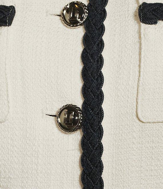 KARL LAGERFELD PARIS Tweed Round Neck Long Sleeve Braided Denim Detail Jacket Product Image