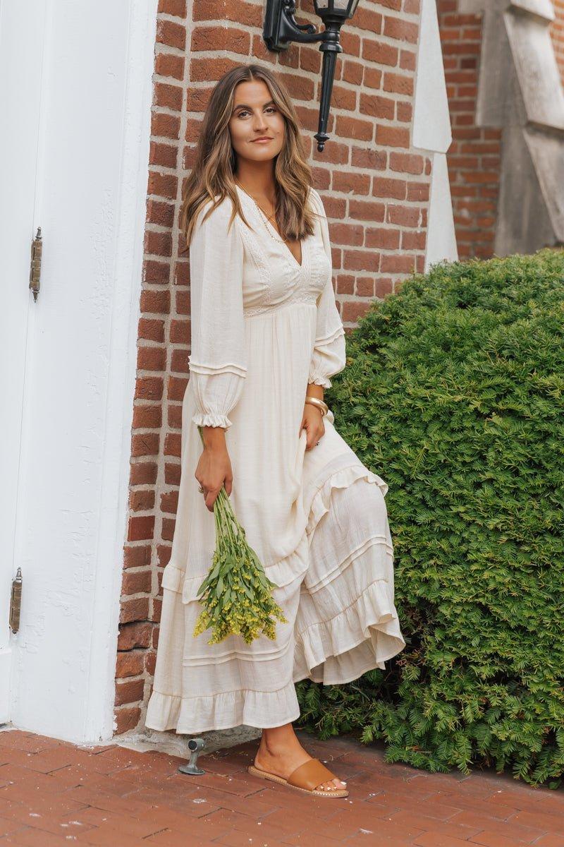 Natural Lace Embroidered Tiered Maxi Dress Product Image