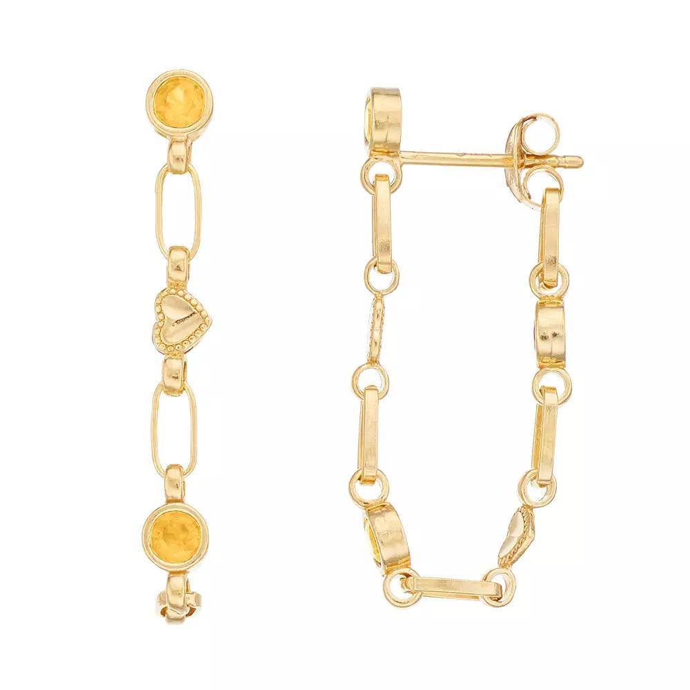 Kristen Kesho Sterling Silver Lab-Created Yellow Sapphire Front-to-Back Heart Link Chain Hoop Earrings, Women's, Gold Tone Product Image