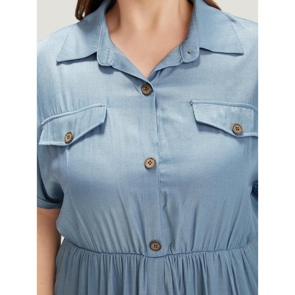 Plus Size Plain Pocket Button Detail Gathered Roll Dolman Sleeve Dress Stone Women Casual Gathered Shirt collar Short sleeve Curvy Midi Dress BloomChic 28/5X Product Image