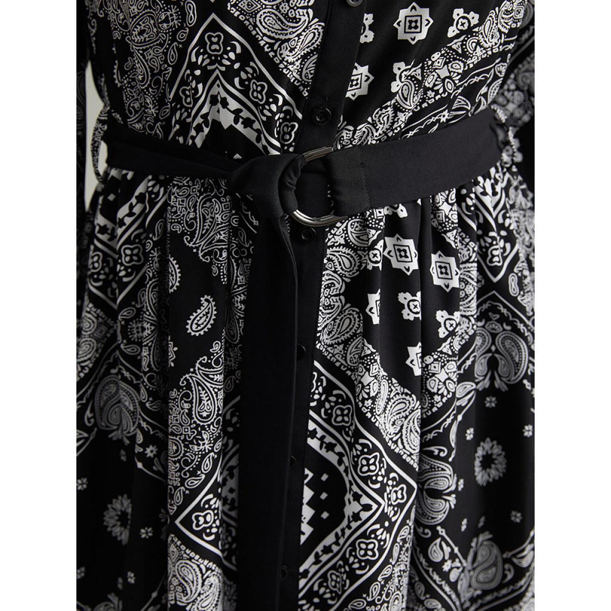 Plus Size Moroccan Print Shirt Collar Belted Button Through Dress Black Women Office Elastic cuffs Shirt collar Long Sleeve Curvy Midi Dress BloomChic 22-24/3X Product Image