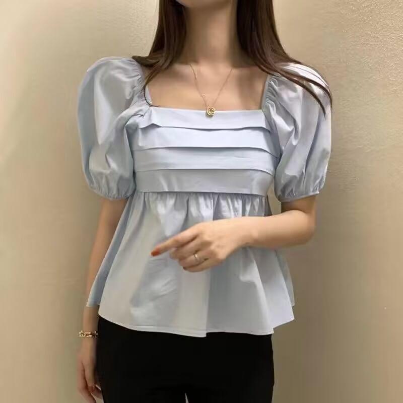 Short-Sleeve Square Neck Plain Peplum Blouse Product Image