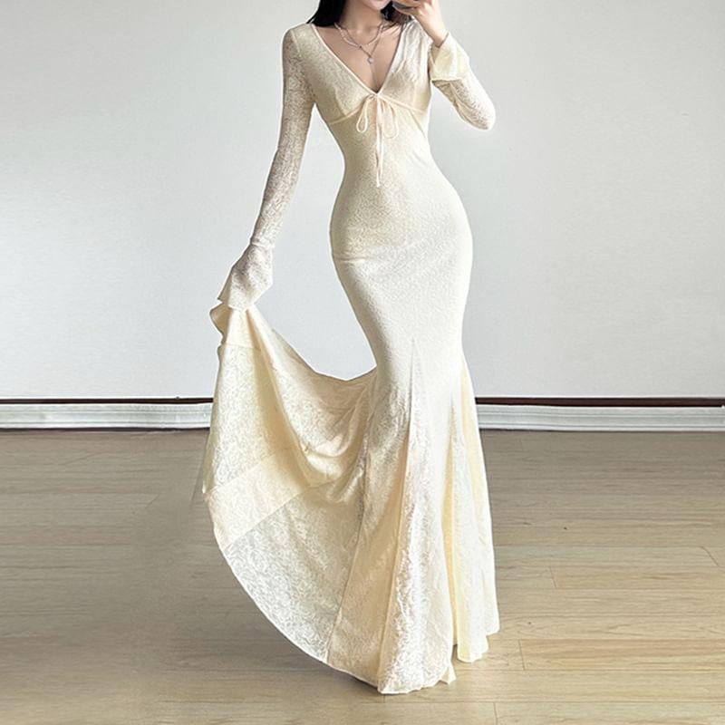 Bell Sleeve V-Neck Tie-Front Plain Lace Mermaid-Hem Maxi Bodycon Dress Product Image