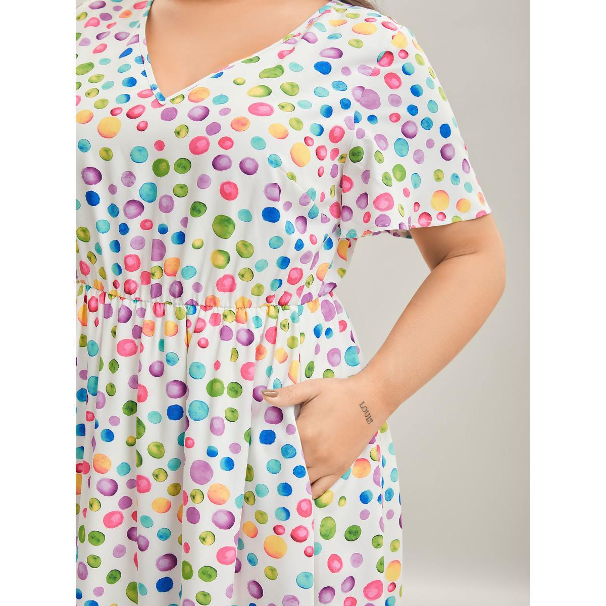 Plus Size Polka Dots Print Pockets V-Neck Midi Dress Originalwhite Women V-neck Short sleeve Curvy BloomChic 18-20/2X Product Image