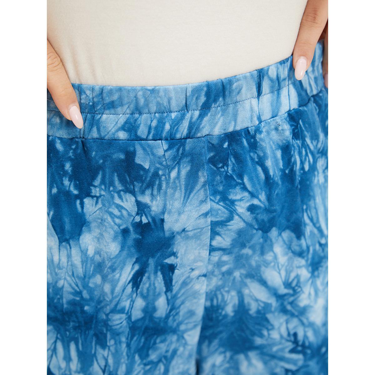 Plus Size Tie Dye Pocket Cut Out Knotted Hem Pants Women Blue Casual Mid Rise Dailywear Pants BloomChic 22-24/3X Product Image