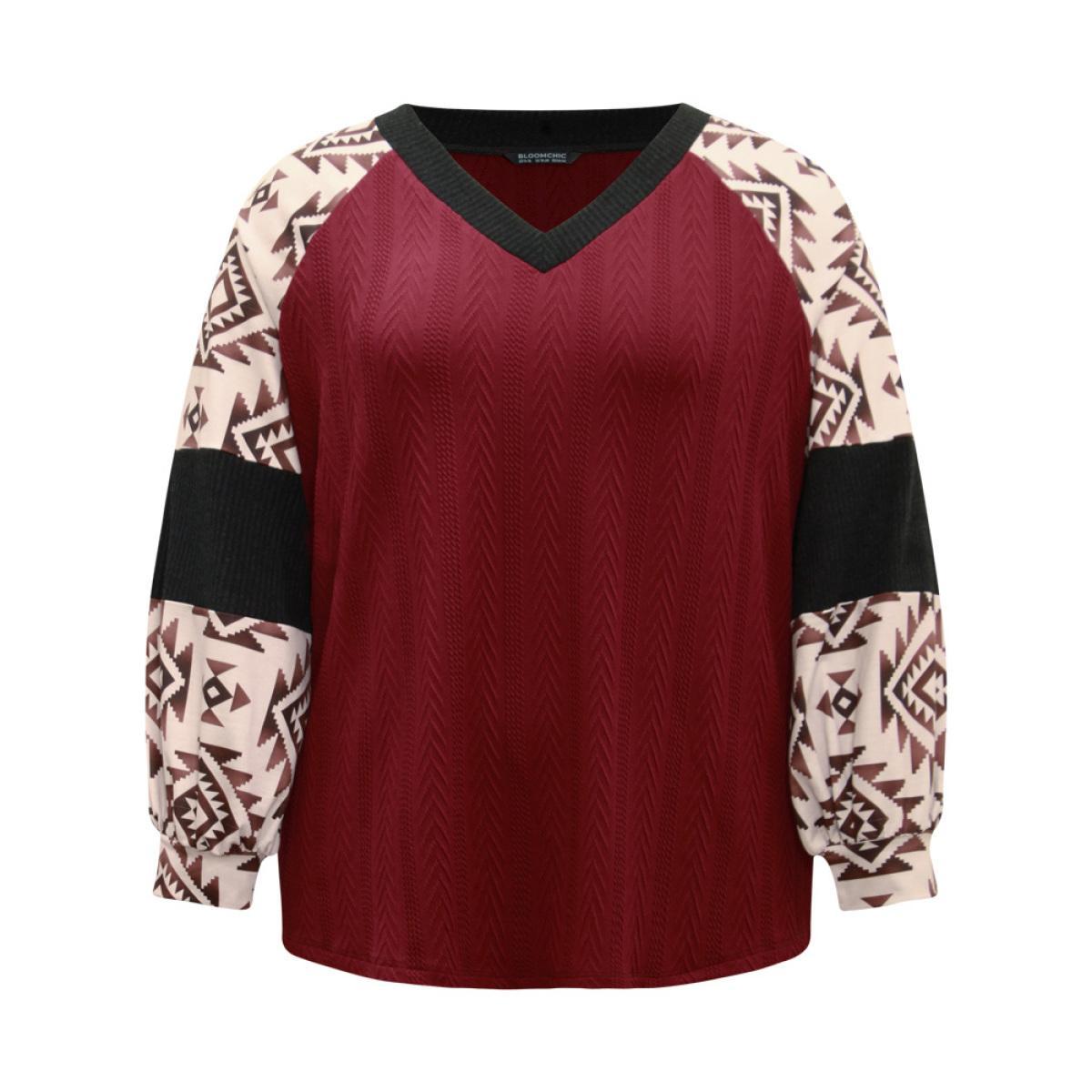 Plus Size Boho Print Contrast Texture Rib Knit Raglan Sleeve Sweatshirt Women Burgundy Casual Rib Knit V-neck Dailywear Sweatshirts BloomChic 14-16/1X Product Image