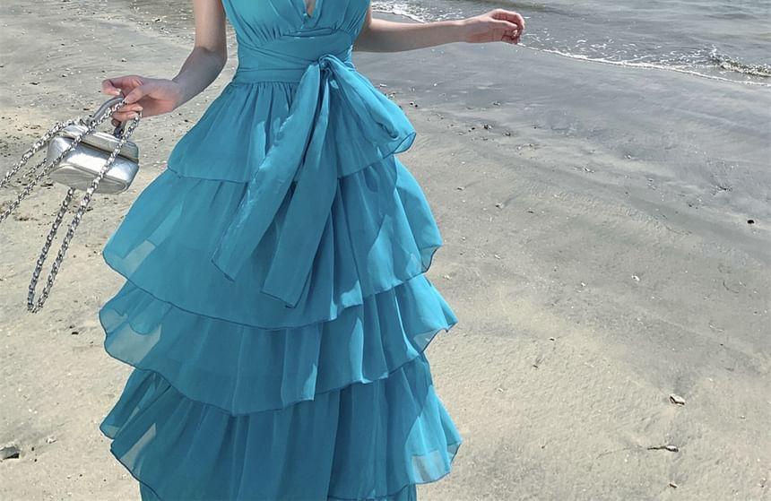 V-Neck Sleeveless Plain A-Line Tiered Maxi Dress Product Image