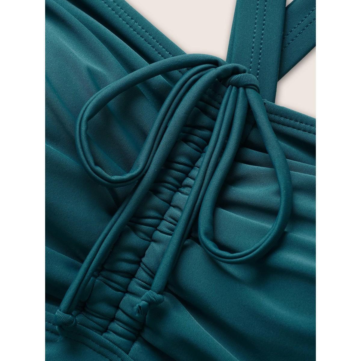 Plus Size Plain Patched Pocket Drawstring One Piece Swimsuit Women's Swimwear Cyan Beach Gathered Curve Bathing Suits High stretch One Pieces BloomChic 10/M Product Image