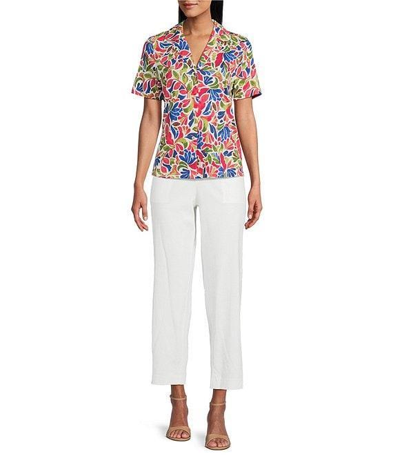 Investments Knit Folk Art Floral Short Sleeve Button Front Notch Collar Camp Top Product Image
