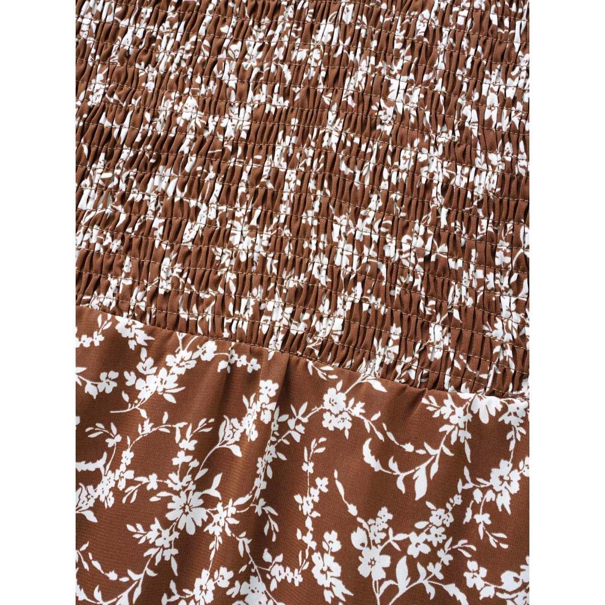 Plus Size Ditsy Floral Shirred Ruffle Hem Dress Browncoffeecolor Women Elegant Shirred V-neck Short sleeve Curvy BloomChic 14-16/1X Product Image