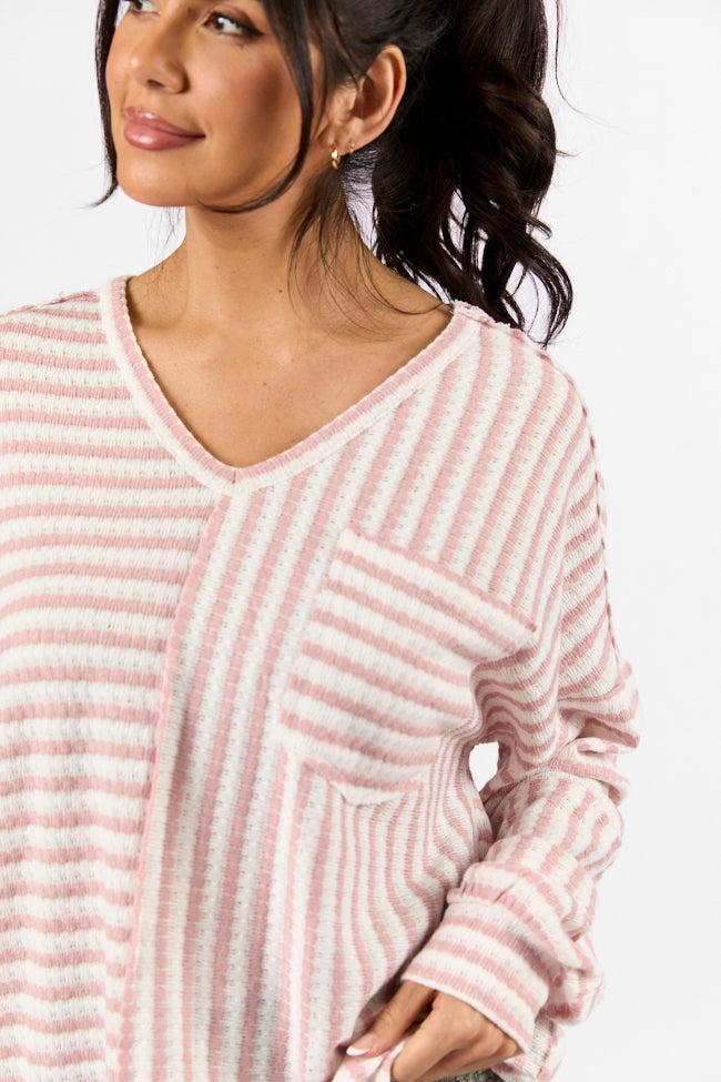 All For Sun Pink and Ivory Striped Knit V-Neck Long Sleeve Tee FINAL SALE Product Image