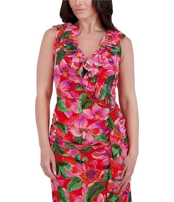 Kensie Chiffon Floral Print V-Neck Sleeveless Ruffle Sheath Midi Dress Product Image