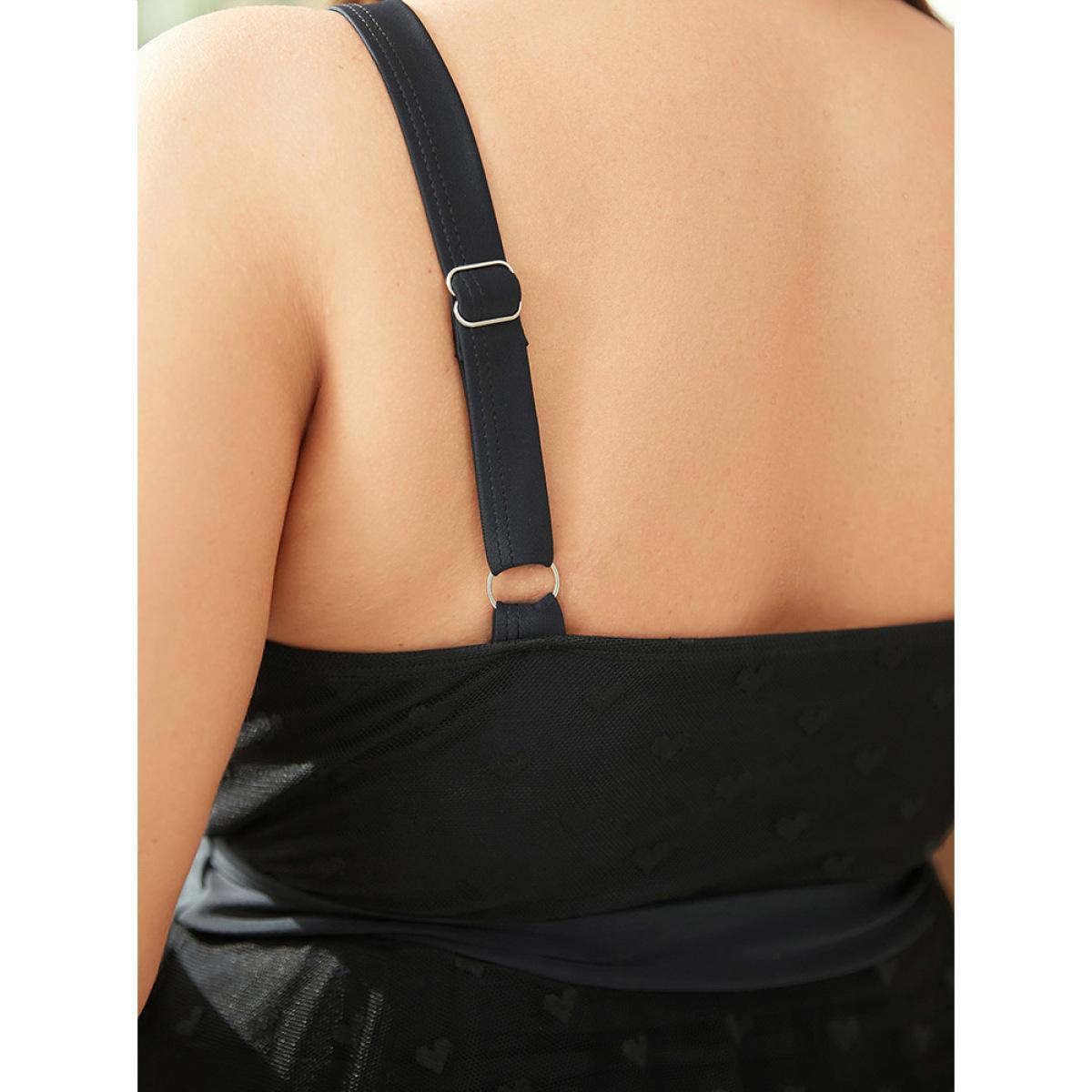 Plus Size Heart Mesh Hem Wrap Gathered Sculpt Waist Swim Dress Women's Swimwear Black Vacation Bodycon V-neck High stretch Curve Swim Dresses BloomChic 18-20/2X Product Image