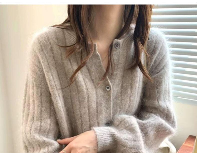 Puff-Sleeve Plain Ribbed Cardigan Product Image