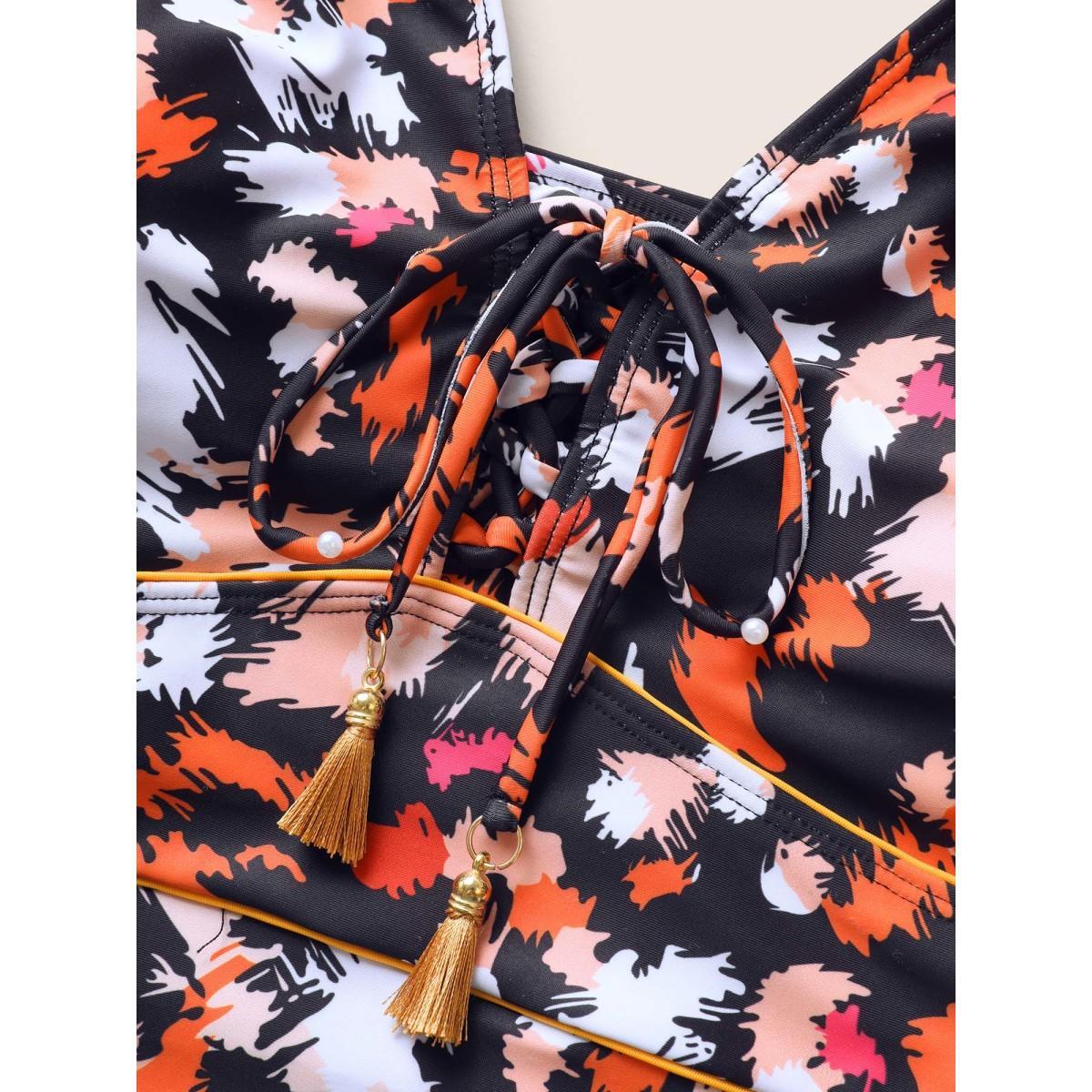Plus Size Brush Print Ties Tassel One Piece Swimsuit Women's Swimwear Multicolor Beach Non Curve Bathing Suits Medium stretch One Pieces BloomChic 18-20/2X Product Image