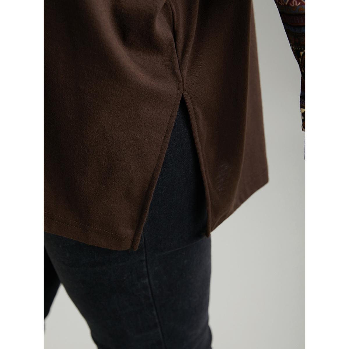 Plus Size Bandana Print Patchwork Turtle Neck T-shirt DarkBrown Women Casual Printed Bohemian Print Turtleneck Dailywear T-shirts BloomChic 30/6X Product Image