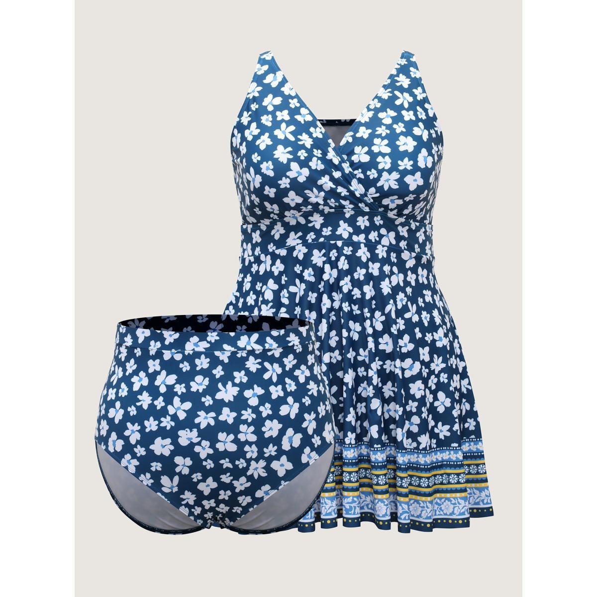 Plus Size Floral Print Contrast Swim Dress Women's Swimwear Indigo Beach Bodycon Overlap Collar High stretch Curve Swim Dresses BloomChic 26/4X Product Image