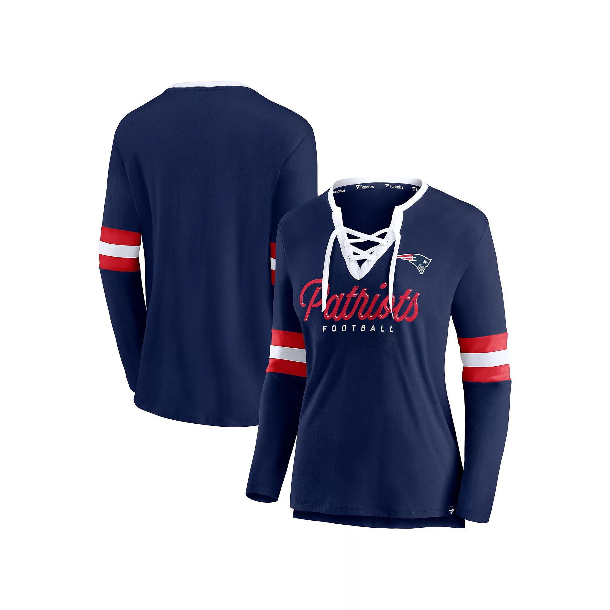 Womens Fanatics Branded New England Patriots Block Party Team Script Lace-Up Long Sleeve T-Shirt Blue Product Image