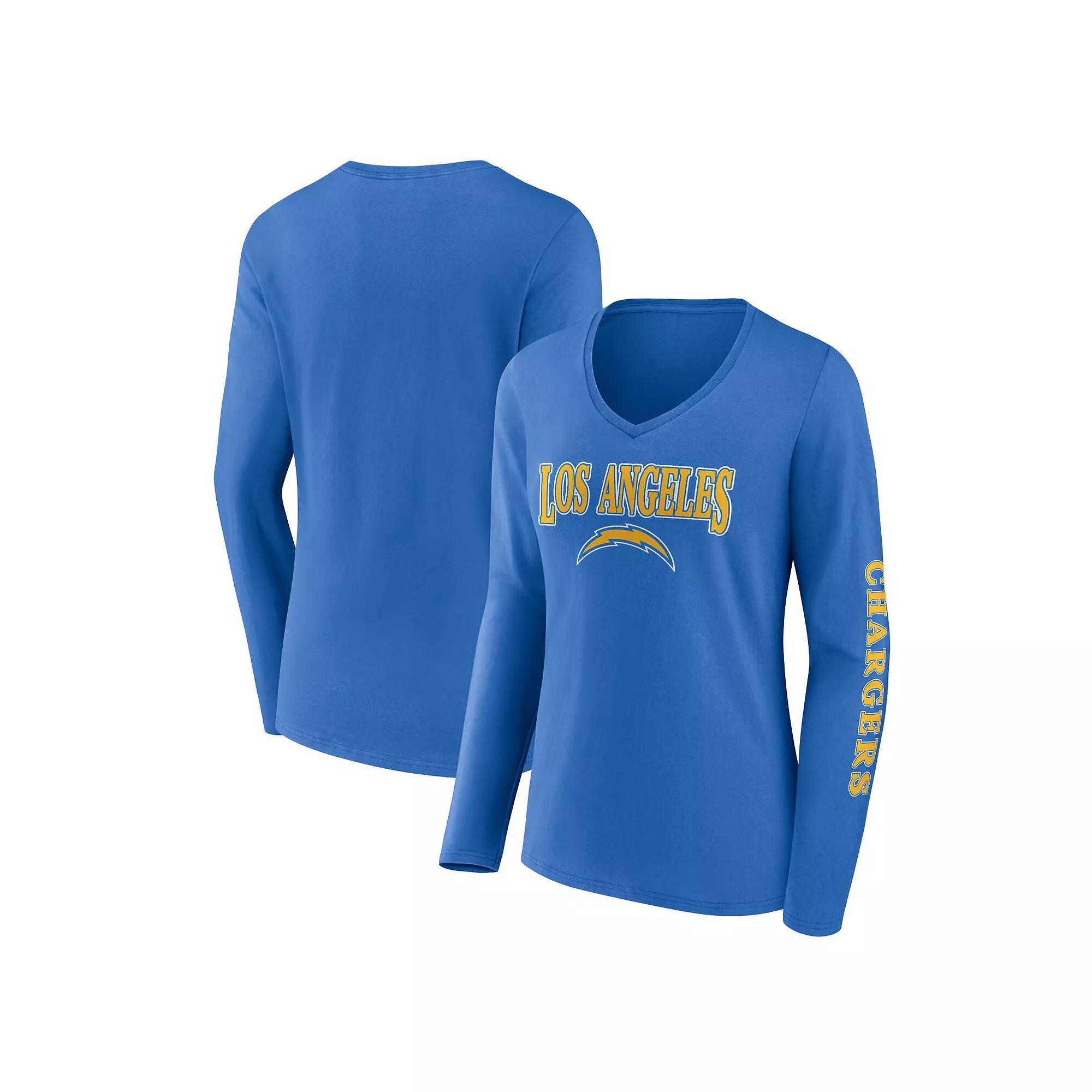 Women's Fanatics Branded Powder Blue Los Angeles Chargers Wordmark Long Sleeve V-Neck T-Shirt, Size: 2XL, Light Product Image