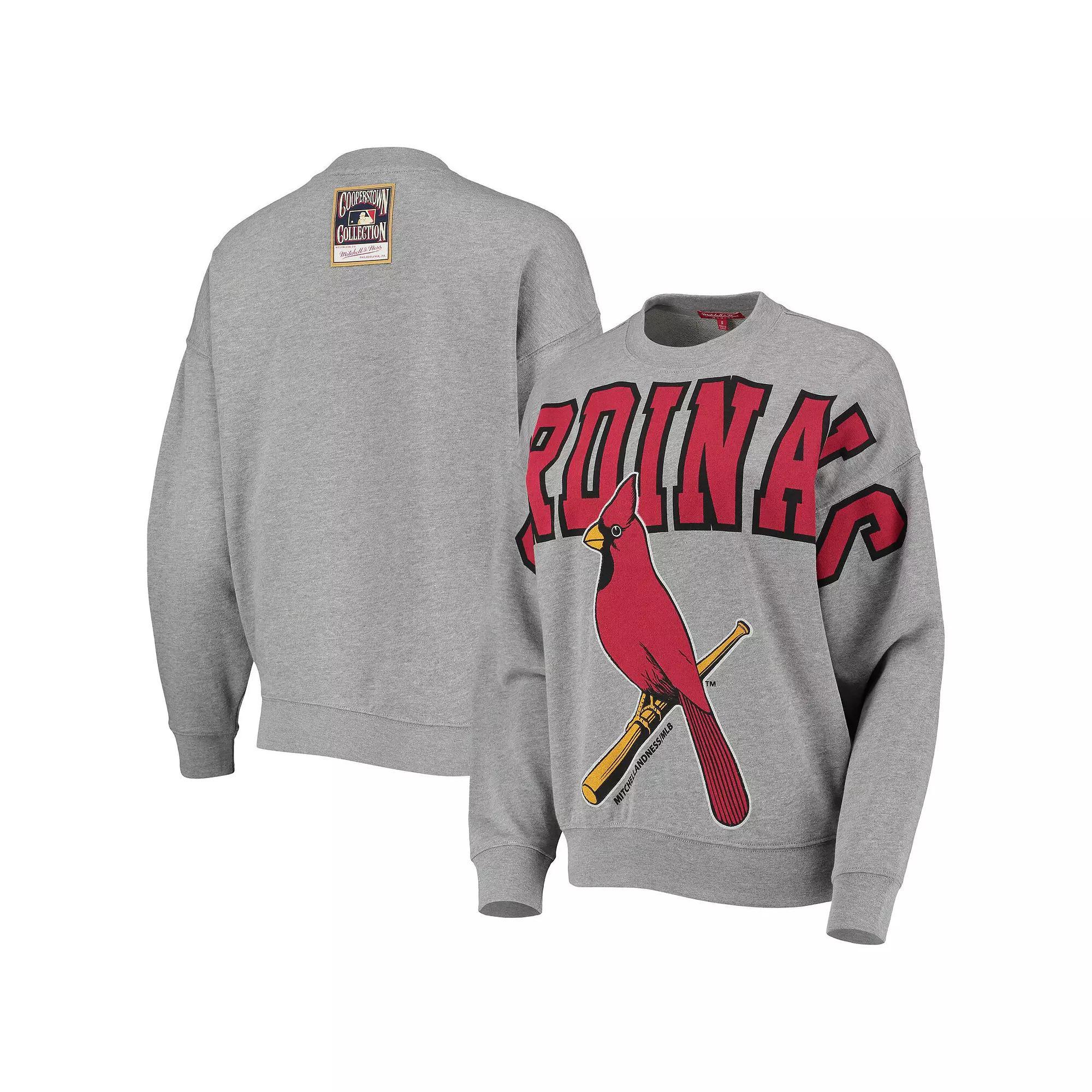 Womens Mitchell & Ness Heathered Gray St. Louis Cardinals Cooperstown Collection Logo Lightweight Pullover Sweatshirt Product Image