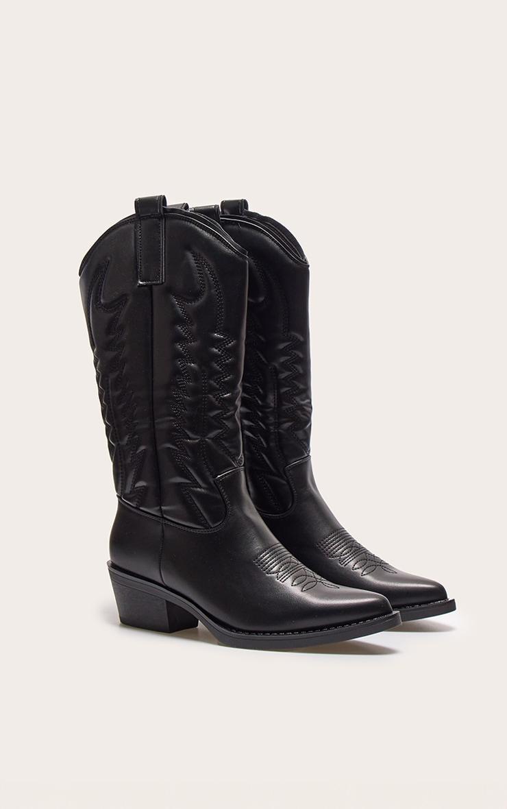 Black Faux Leather Point Toe Knee High Western Boots Product Image
