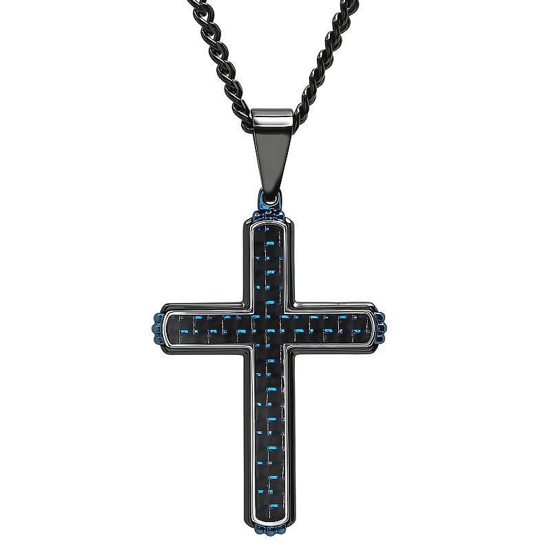 Men's Stainless Steel Two-Tone Carbon Fiber Inlay Cross Pendant, Size: 24", Silvertone Product Image