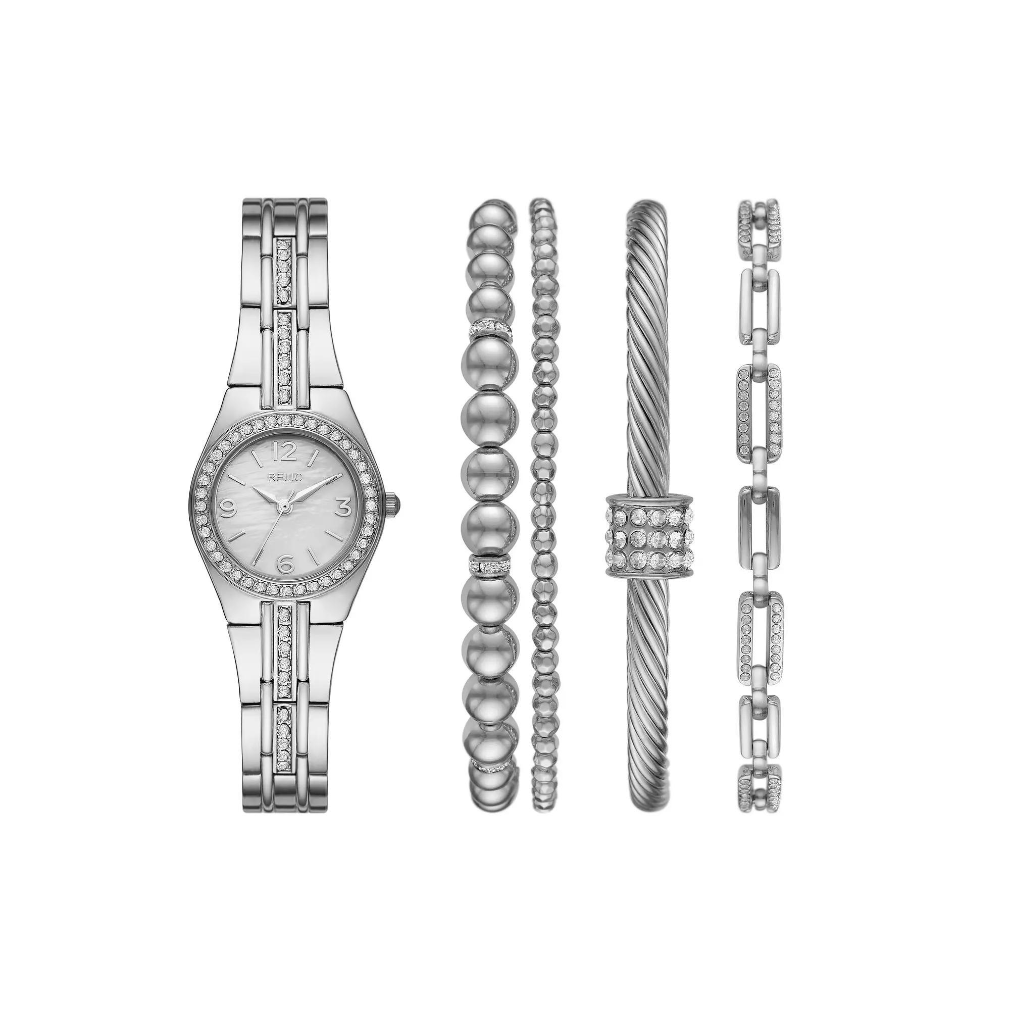 Relic by Fossil Women's Queen's Court Silver Tone Watch & Bracelet Set, Size: Small, White Product Image