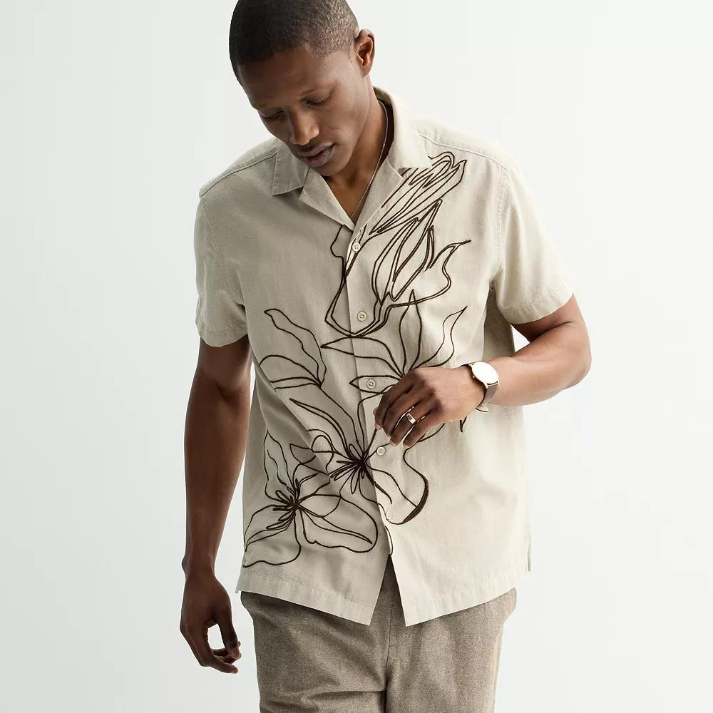 Men's Apt. 9® Short Sleeve Embroidered Camp Collar Shirt, Size: Small, Beige Floral Product Image