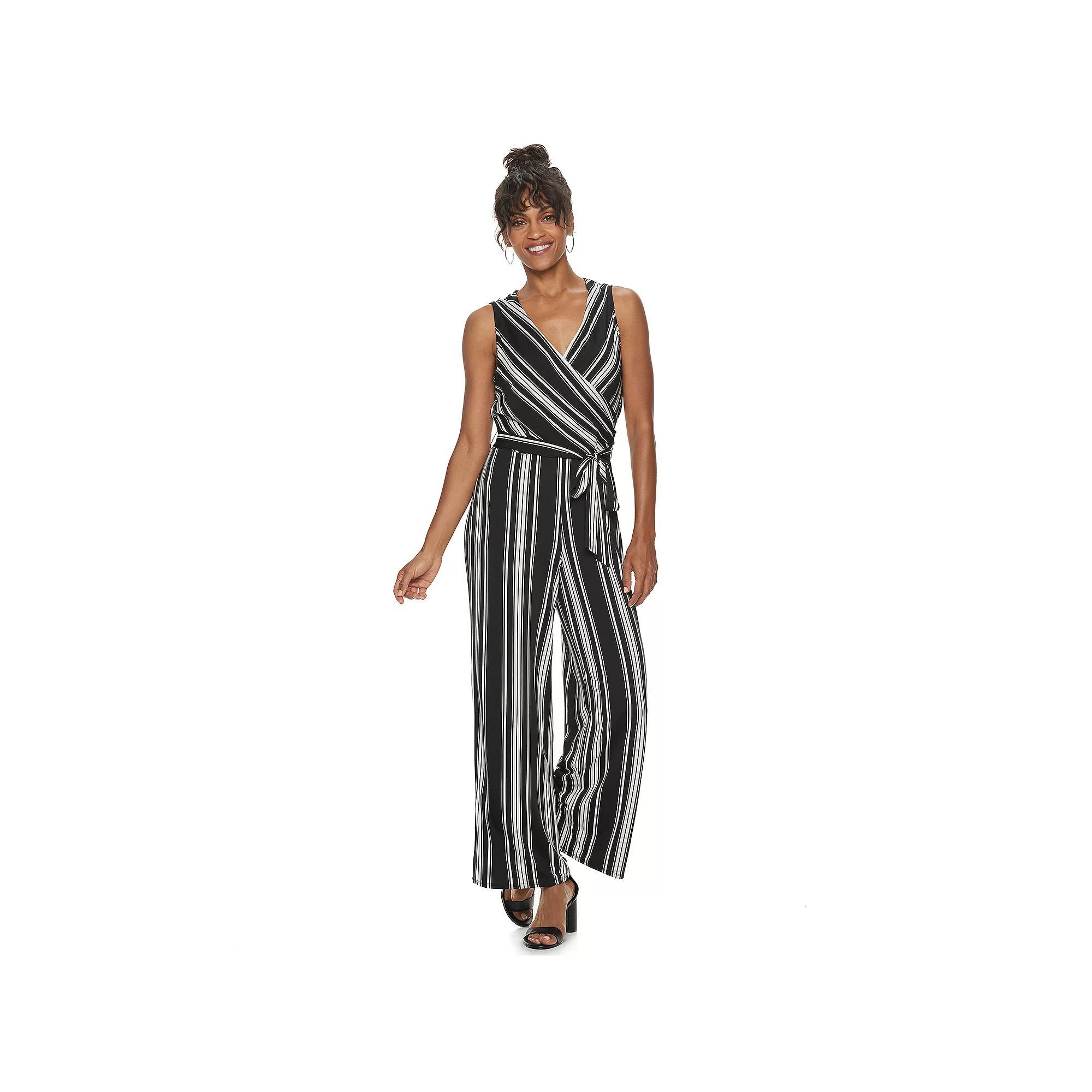 Women's Nina Leonard Striped Surplice Palazzo Jumpsuit, Size: Small, Black Ivory Product Image