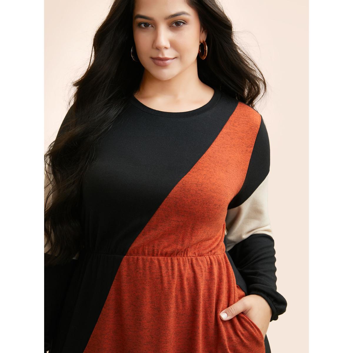 Plus Size Contrast Patchwork Lantern Sleeve Dress Black Women Casual Contrast Round Neck Long Sleeve Curvy BloomChic 18-20/2X Product Image
