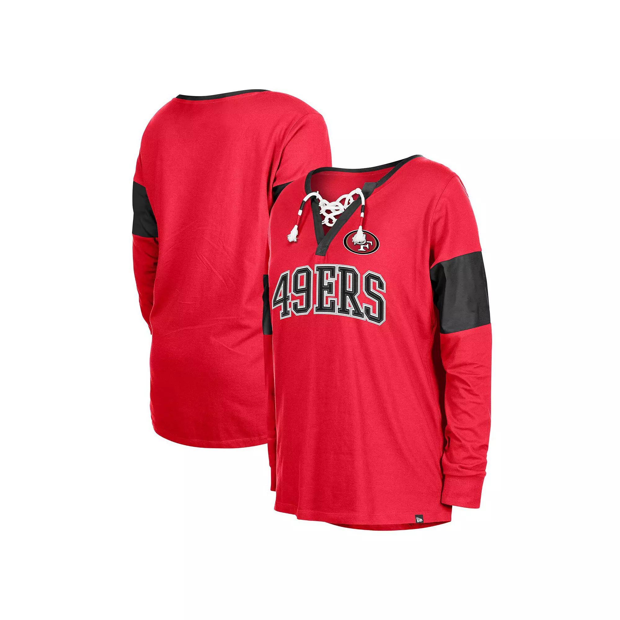 Women's New Era Scarlet San Francisco 49ers Lace-Up Notch-Neck Long Sleeve T-Shirt, Size: 2XL, Red Product Image