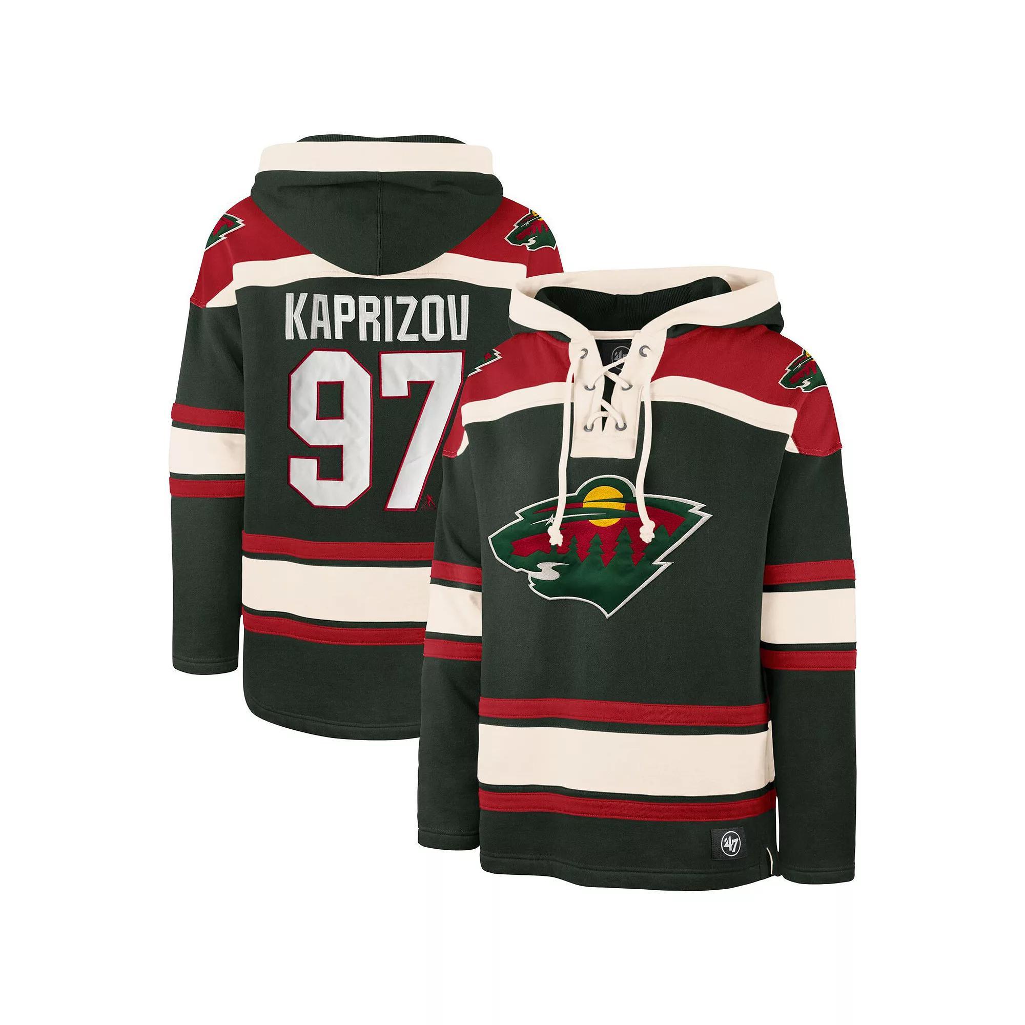 Men's '47 Kirill Kaprizov Green Minnesota Wild Player Name & Number Lacer Pullover Hoodie, Size: Medium Product Image