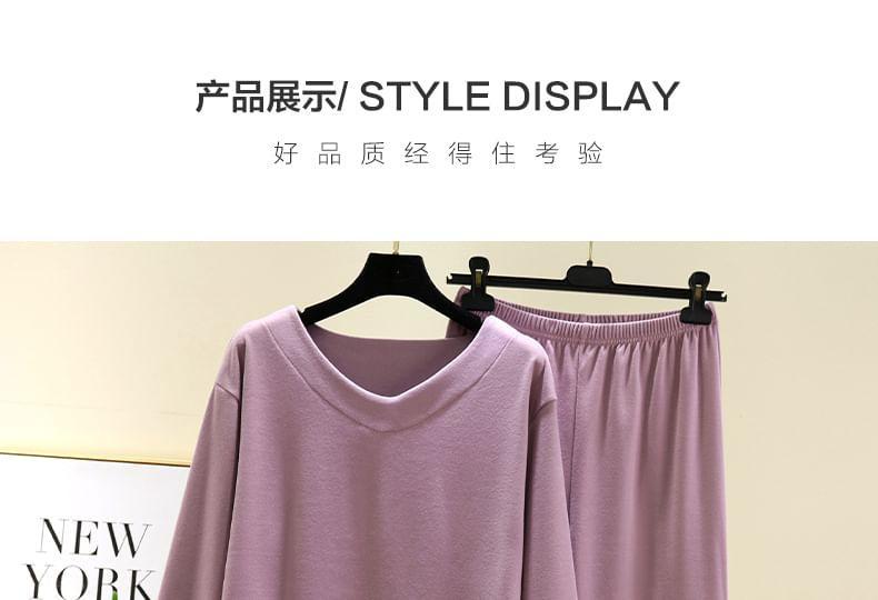 Pajama Set: Long-Sleeve V-Neck Plain T-Shirt + Elastic Waist Pants Product Image