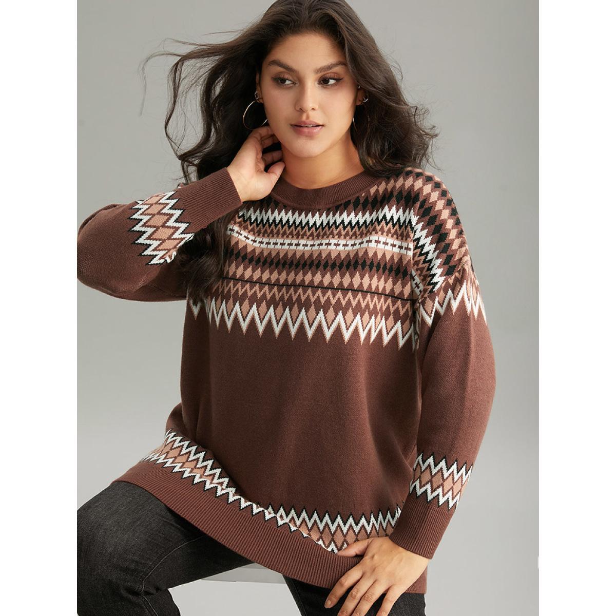 Plus Size Supersoft Essentials Bandana Print Drop Shoulder Pullover Multicolor Women Casual Loose Long Sleeve Round Neck Festival-Christmas Pullovers BloomChic 22-24/3X Product Image