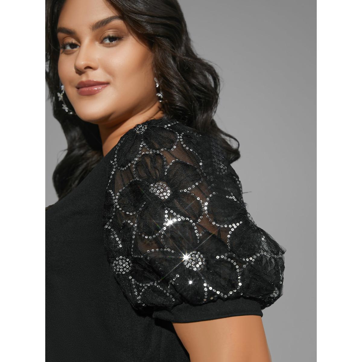 Plus Size Floral Sequin Mesh Round Neck T-shirt Black Women Elegant See through Round Neck Everyday T-shirts BloomChic 14-16/1X Product Image