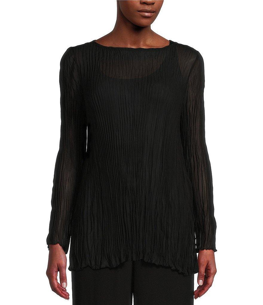 Eileen Fisher Crinkle Sheer Silk Georgette Boat Neck Long Sleeve Easy Fit Top Product Image