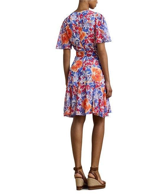 Lauren Ralph Lauren Wandella Crinkle Georgette Floral V Neck Short Flutter Sleeve Belted Faux Wrap Fit and Flare Mini Dress Product Image