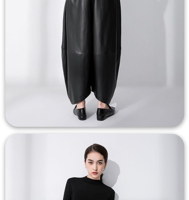 High Rise Plain Faux Leather Cropped Wide Leg Pants Product Image