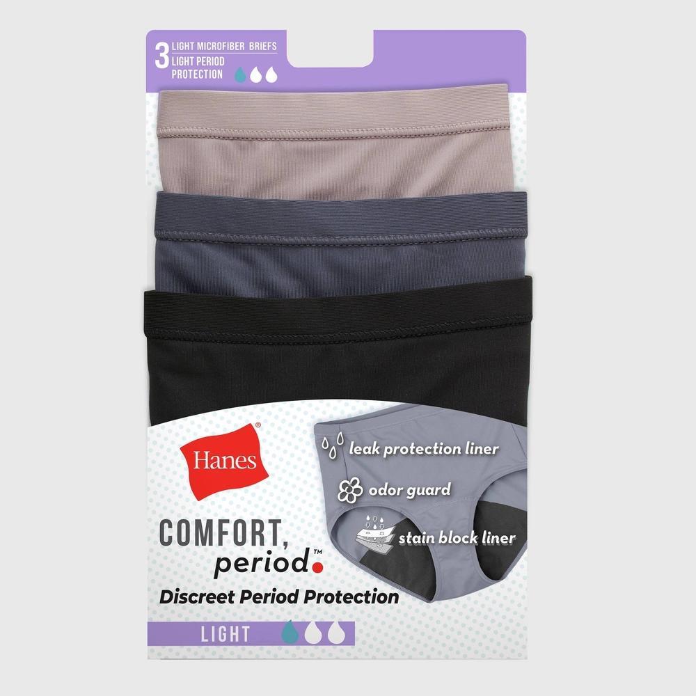 Hanes Women's 3pk Comfort Period and Postpartum Light Leak Protection Briefs - BeigeBlack XL: Midweight Knit, Full Waistband Elastic Product Image