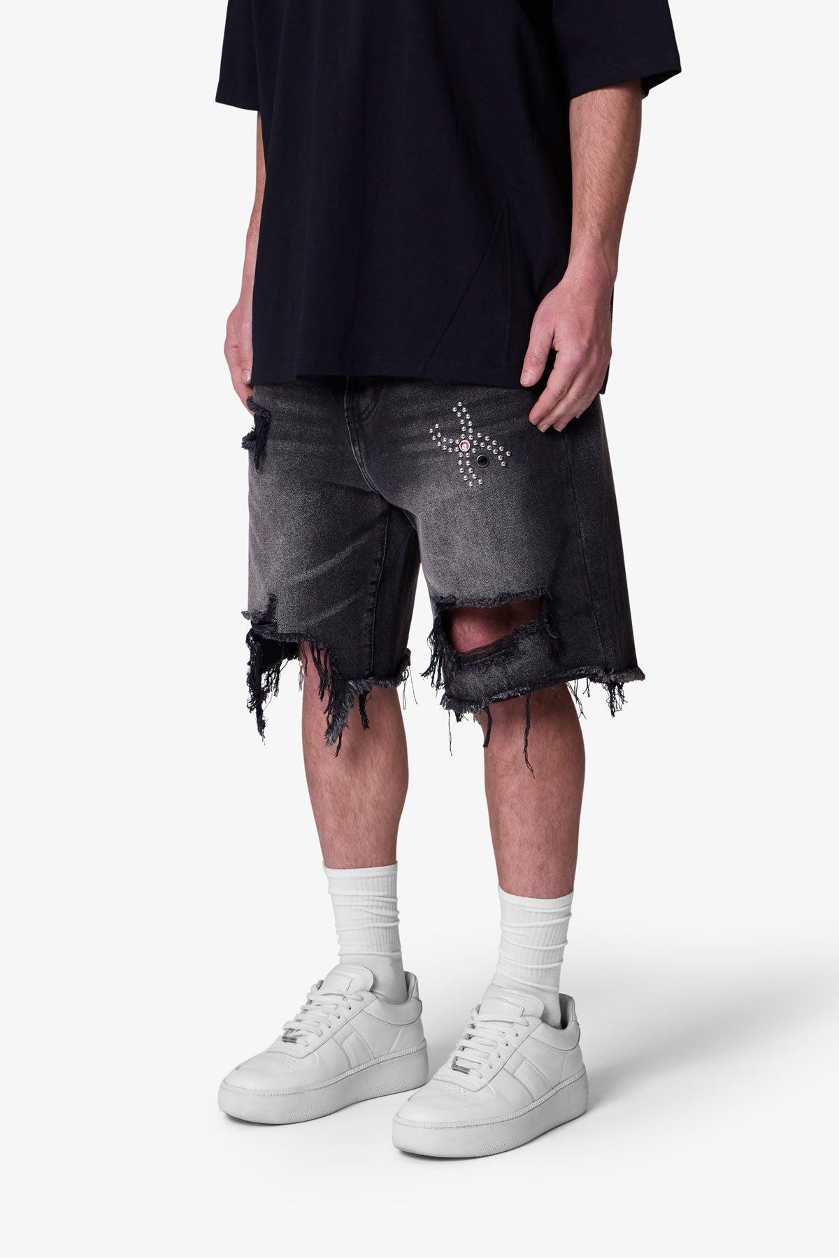Distressed Spider Denim Shorts - Washed Black Product Image