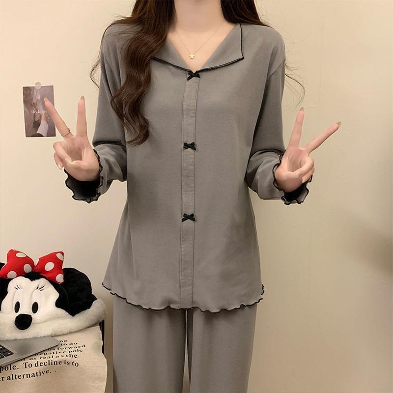 Pajama Set: Long-Sleeve Split Neck Bow Accent Contrast Trim Top + Pants Product Image
