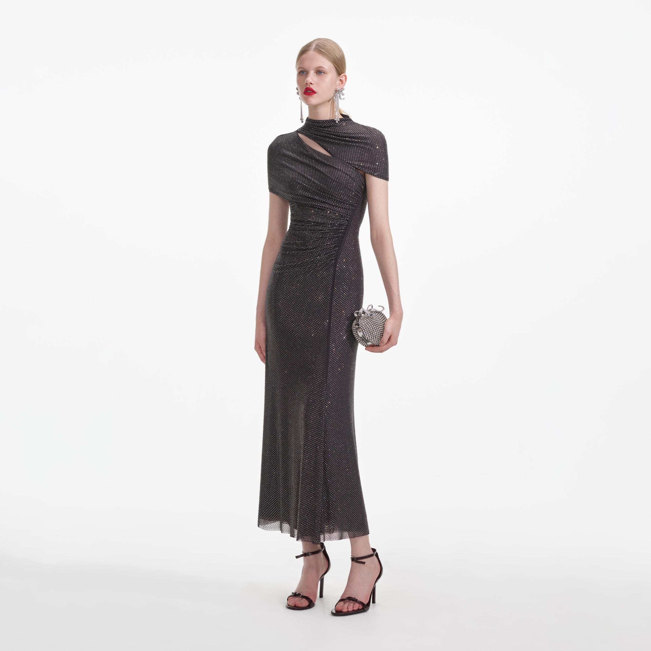 Slate Rhinestone Mesh Cut Out Midi Dress Product Image