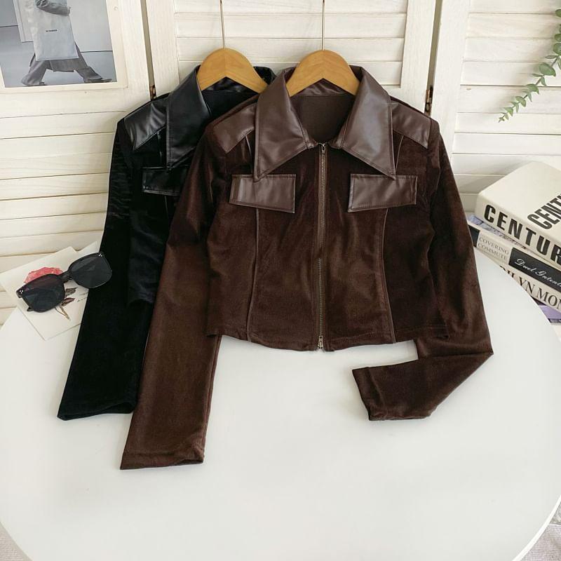 Collared Faux Leather Panel Zip-Up Velvet Crop Jacket Product Image