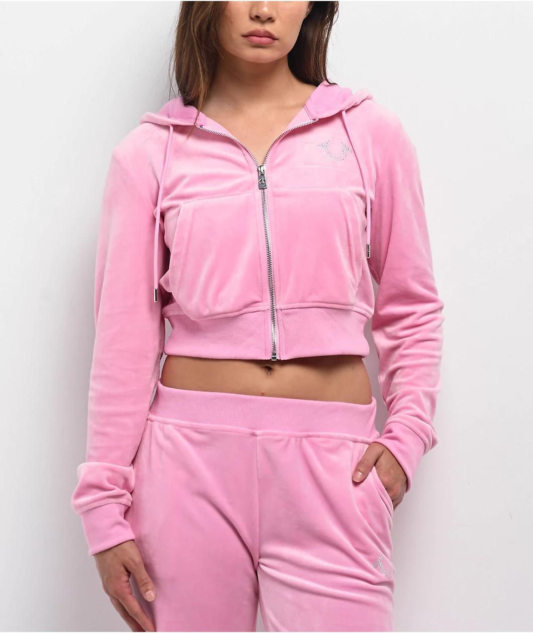 True Religion Pink Velour Crystal Shrunken Zip Hoodie Product Image